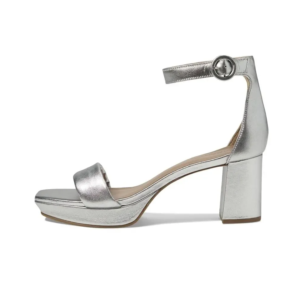 BERNARDO® CARLA STRAP HEELS FOR WOMEN – LEATHER UPPER  – BLOCK HEELS SILVER 6 M